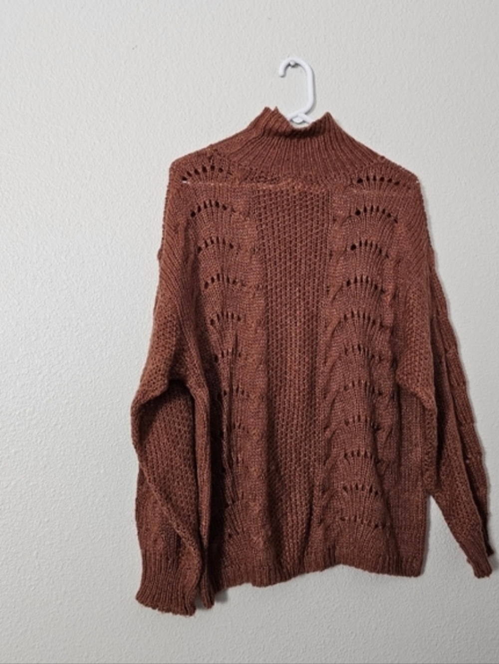 Women’s Brown Open-Knit Mock Neck Sweater Sz XL - Picture 5 of 8